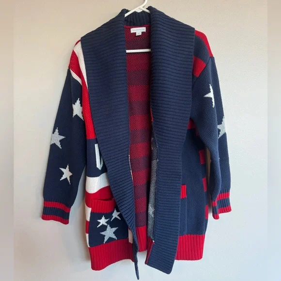 Charter Club USA Flag Cardigan Sweater XXL Red White Blue Stars Stripes Shawl - Picture 3 of 7